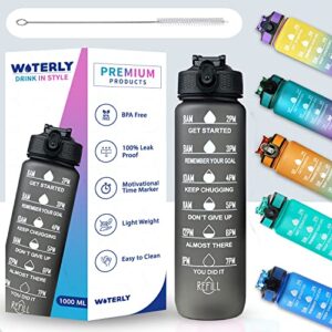 WOTERLY Silicone Time Marked Motivational Water Bottle, Tracker And Reminder Sports Bottle, 1 Lt Unbreakable Leakproof Bpa Free For Gym Office Traveling (Black), 1000 milliliter