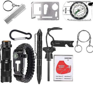 TrekEaze Camping Kit 11 in 1 - Outdoor Survival Gear Tool with Bracelet, Fire Starter, Whistle, Compass, Flashlight, Etc.