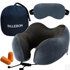 Billebon Premium Memory Foam Travel Neck Pillow Combo with Soft Eye MASK, Carry Bag, and Ear Plugs (Grey with Eye Mask)