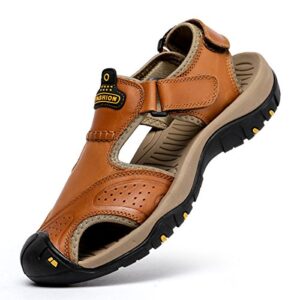 BINSHUN Sandals for Men Leather Hiking Sandals Athletic Walking Sports Fisherman Beach Shoes Closed Toe Water Sandals, Brown, 9.5