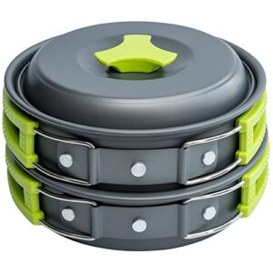 Camping Cookware Mess Kit Backpacking Gear & Hiking Outdoors Bug Out Bag Cooking Equipment 10 Piece Cookset | Lightweight, Compact, & Durable Pot Pan Bowls - Free Folding Spork, Nylon Bag, & Ebook
