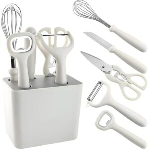 Earth 5-Piece Kitchen Utensil Set with Holder Multipurpose Kitchen Tool Kit with Knife, Peeler, Whisk, Scissors & Storage Block Premium Cooking Utensils for Home & Chef White (KG Set-04)