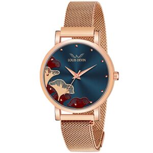 LOUIS DEVIN Rose Gold Plated Mesh Chain Analog Wrist Watch for Women (Blue Dial) | LD-RG162-BLU