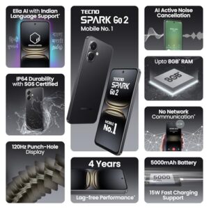 Spark GO 2 ( Ink Black , 4GB+64GB ) | Segment 1st IP64 SGS Certified | Segment's 1st AI with Indian Languages | Segment's 1st No Network Communications* | 120Hz Punch Hole Display | 5000mAh Battery