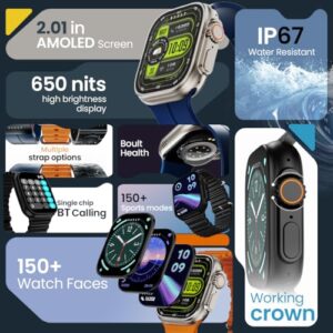 Boult Newly Launched Crown Pro Smart Watch 2.01'' AMOLED, BT Calling, Working Crown, Zinc Alloy Frame, AI Voice Assistant, SpO2 Monitoring, 120+ Sports Mode (Black)