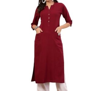 Pistaa's Women's Cotton Straight Kurta (Wine_Large), Regular Fit