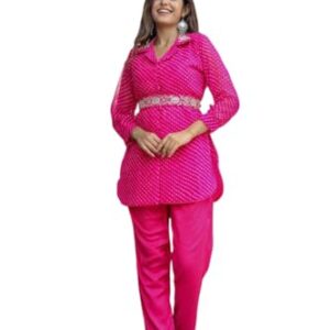 Lonching Beautiful Heavy quality Georget Fabric designer festive wear Cord Set with detachable belt with lining & full Handwork on Collar & on Belt with Fancy Button (pink, M)