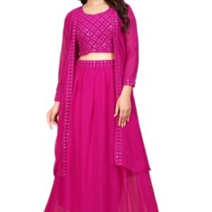 Women's Gorgette Regular Fit Full Length Embroided Dress Set | Sleevless Blouse Skirt and Shrug Dress Set for Wedding, Parties, Festivals, Family Functions (Pink, M)