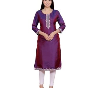 Veda Craft Women's Satin Embroidered Printed Straight Kurti (Wine-XL)