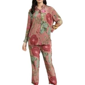 LookMark Women's Cotton Blend Floral Printed Full Sleeves Hip Length Button Down Collared Kurti Set | Kurta Set for Women (AZ-LM-INT-KS2150_NW-S) Peach