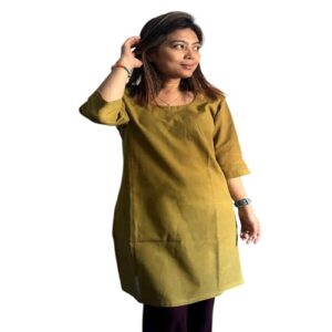 SATYAVATI Elegant Olive Green Handloom Cotton Kurti for Women - Stylish, Comfortable, and Versatile Attire or Special Occasions