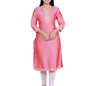 Veda Craft Women's Satin Embroidered Printed Straight Kurti (Pink-XXL)