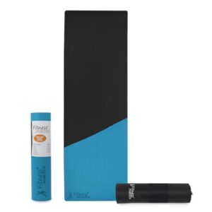 Fitness Mantra® TPE 8mm Cross Color Anti-Slip Yoga Mat with Cover Bag for Gym Workout and Yoga Exercise for Men & Women Fitness| 1 Piece| With Cover Bag| Thickness 8mm| Black + Teal|