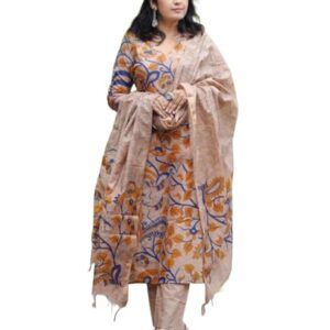 ANNI DESIGNER Women's Rayon Blend Printed Straight Kurta with Pant & Dupatta (Kalam Chiku_L_Beige_Large, Straight Fit)