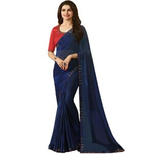 RAJESHWAR FASHION WITH RF Women's Floral Hand Paint Printed Georgette Fancy Sarees For Wedding Festival With Stone Lace Border & Unstitched Piece_Navy Blue