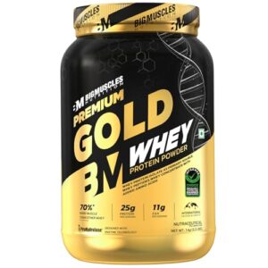 Bigmuscles Nutrition Premium Gold Whey [1Kg, Double Rich Chocolate] | Informed Choice UK Certified | Isolate Whey Protein Blend | 25g Protein | 11g EAA | ProHydrolase Enzyme Technology