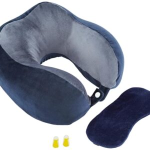 Amazon Basics Memory Foam Premium Travel Neck Pillow + Sleeping Eye Mask + Noise Isolating Ear Plugs Combo| Extra Comfortable | Super Soft Velvet Fabric I Blue & Grey