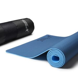 Fitness Mantra® TPE Dual Color Anti-Slip Yoga Mat with Cover Bag for Gym Workout and Yoga Exercise for Men & Women Fitness| 1 Piece| 6mm| 24"x72"| Dual Color| Premium| Navy + Sky|