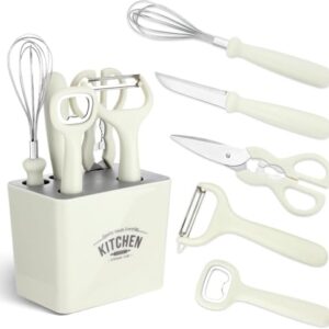 VANDU White Gadgets Combined Set with Storage Holder Peeler Scissors Egg Beater Fruit Knife Bottle Opener Home Vegetables Cooking Tool (6 pcs) (White Color) (11.5 x 10 x 7.5 cm)