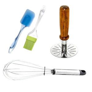 CHEFORIA1 Kitchen Tool Combo 4 Pcs – Potato Masher, Hand Whisk Mixer, Spatula & Pastry Brush, Durable Multi-Function Utensils for Mashing, Whisking & Baking, Easy-to-Use Cooking Essential