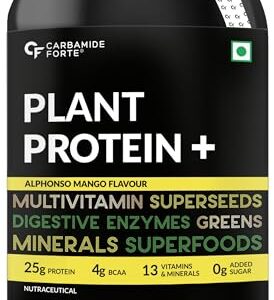 Carbamide Forte Vegan Protein Powder - Plant Based Protein Powder with Multivitamin, Minerals, Superfoods, Pea Protein, Digestive Enzymes | Alphonso Mango Flavour - 1Kg