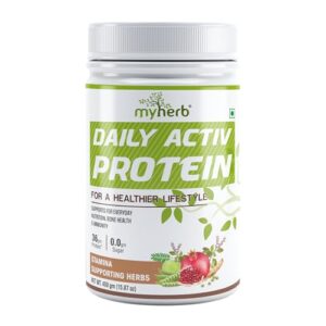 MYHERB Daily Active Protein|36gm Protein (Whey+Pea Protein)|Stamina Supporting Hebrs Tulsi,Amla & 8 Herbs|Supports Everyday Nutrition,Bone Health & Immunity (450 g (Pack of 1), Chocolate)