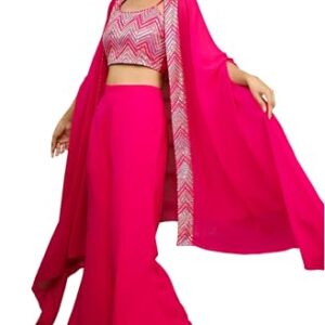 Janasya Pink Georgette Top with Pant and Cape for Women Embroidered Print Ethnic Wear