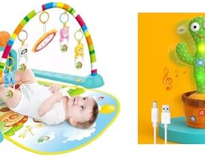 ToysBuddy Multi-Function Baby Piano Gym with Fitness Rack, ABS Plastic + Storio Rechargeable Dancing Cactus Toy with Music, Recording, Repeat Talk, LED | Baby Learning Toy