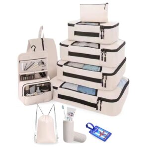 OCEANEVO Set of 10 Packing Cubes with Luggage Tag and Toothbrush Holder, Travel Organizer Bags for Luggage, Suitcase Organizer for Clothes, Shoes, and Lingerie | Model 2.0 – Beige