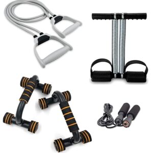 Sixteen Full Body Workouts Gym Home Equipment Combo Set for Men Women Exercise Kit – Pack of 4 (Tummy Trimmer, Toning Tube Band, Pushup Stand, and Skipping Rope)