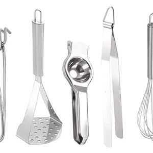 Skygold Multipurpose Kitchen Tools Set – Pack of 5 Utility Items (Whisk, Potato Masher, Lemon Presser with Bottle Opener, Chimta Tong, Lifter Tool) (Set of 5)