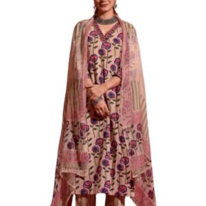 NAINVISH Women's Beige Printed Straight Rayon V-Neck Kurta Pant with Dupatta (SD691_KBD-XL)