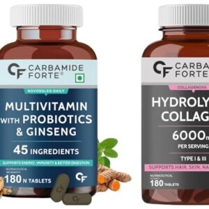 Carbamide Forte Multivitamin Tablets for Men and Women with Probiotics Supplement - 180 Veg Tablets & Carbamide Forte Hydrolyzed Collagen Peptides, 180 Tablets | 6000mg with Type 1 & 3 Collagen Powder