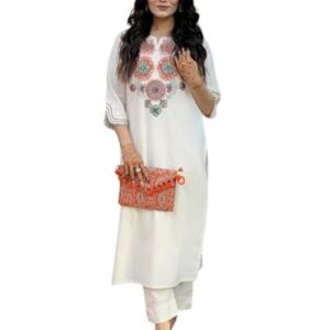 THE RAMANS Women's Pure Cotton Embroidery Floral Printed Straight Coo-rd Set Kurti with Pant (White-L)