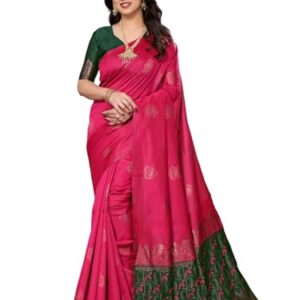 RAJESHWAR FASHION WITH RF Women's Jacquard Silk Banarasi Kanjivaram Style Saree & Blouse_Pink_Green