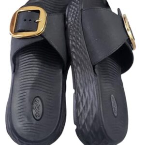 Comfort Slide Sandals with Gold Buckles, Textured Sole