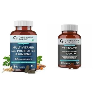Carbamide Forte Multivitamin Tablets with Probiotics & Ashwagandha | Multivitamin supplement with 45 Ingredients - 180 Tablets & Testosterone Supplement – 60 Veg Tablets COMBO
