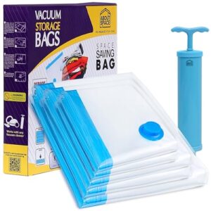 ABOUT SPACE 5 Pack Vacuum Bags for Travel with Hand Pump (2 Small/2 Medium/1 Large) Polyamide Polyethylene Airtight Reusable Space Saver Compression Storage Bags with Ziplock (Blue)