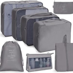AVENUX 8pcs Set Travel Organizer Packing Cubes Lightweight Travel Luggage Organizers with Laundry Bag or Toiletry Bag Laundry Organiser (Grey, 8 PCS)
