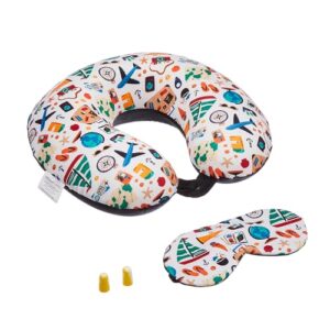 amazon basics 100% Memory Foam Travel Neck Pillow with Eye Mask and Ear Plugs Combo|Ergonomically Designed for Ultimate Comfort, Perfect for Air, Car, Train, Bus Travel-Happy Holidays, Standard Size