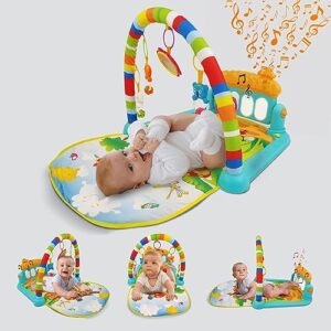 NHR 2 in 1 Baby Kick and Play Piano Gym Mat Rack, Fitness Rack with Hanging Rattles Lights & Musical Keyboard Mat Multi-Function, Crawling Mat Early Educational Toy for 0-18 Months Baby (Multicolor)