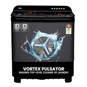 Haier 11 Kg 5 Star Toughened Gas Softfall Technology Semi Automatic Top Loading Washing Machine (HTW110-178FL, Anti Bacterial Vortex Pulsator, Magic Filter, Rat Mesh, Digital Printing Lid, Black)