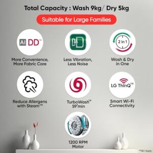 LG 9 Kg (Wash) / 5 Kg (Dry), Ai Direct Drive Technology, Steam, TurboWash & Wi-Fi Fully Automatic Front Load Washer Dryer (FHD0905SWM, Intelligent & Convenient Fabric Care, Allergy Care, Middle Black)