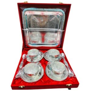 AB HUB AZLAN BRAND HUB Royal Silver Plated Tea Cup Set with Red Velvet Box (4 Cup 4 Plate Set) with 4 Spoon Tray