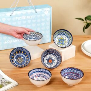 Nestasia Ceramic Mandala Snack Bowls Set of 6 (300 ml Each) - Multicolour Microwave Safe Side Bowls for Serving Noodles, Ramen, Soups or Curries - Ideal for Gifting