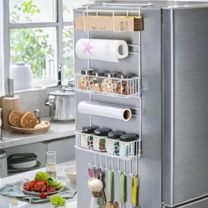 Decorlay Metal Self-Adhesive Multi-Layer Refrigerator Broadside Floating Shelves Rack Storage Hanging Organizational Fridge Side Shelf Tissue Roll Holder Kitchen Organizer (Refrigerator Side Rack)