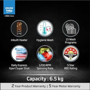 Voltas Beko, A Tata Product 6.5 KG 5 Star Fully Automatic Front Load Washing Machine with Hygiene wash (WFL6512B7COUBAA/WWV, White)