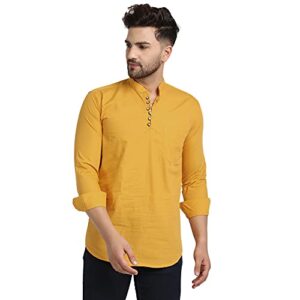 Majestic Man Cotton Solid Casual Slim Fit Short Kurta for Men (Mustard,Small)