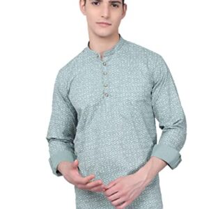 Majestic Man Cotton Printed Slim Fit Designer Short Kurta for Men (X-Large, Light Green)