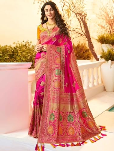 Monjolika Fashion Women's Woven Silk Saree With Blouse Piece (45560_Color_Rani Pink) - Image 2